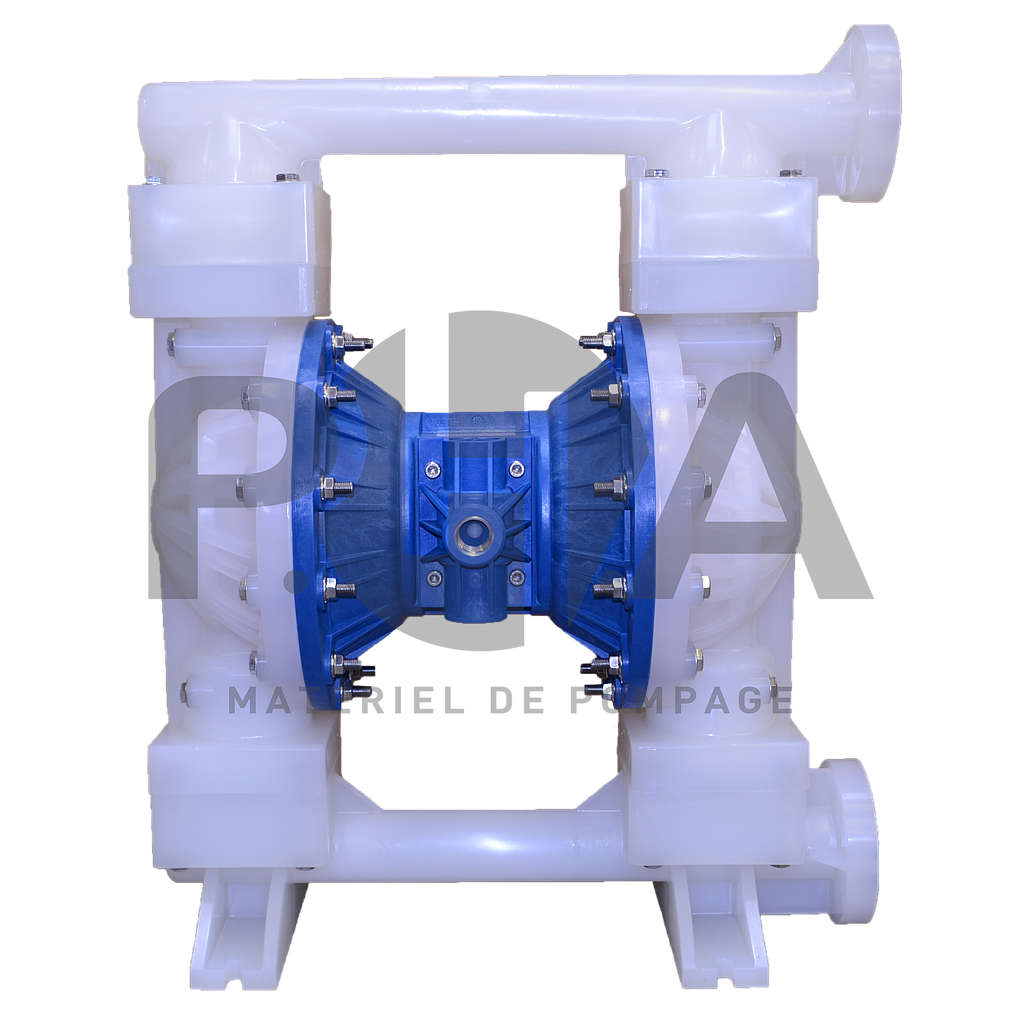 [FT15P-PP-FTPF-F1-PHA'R] PHA’R | Pompe pneumatique à membranes FT15P| Ref FT15P-PP-FTPF-F1-PHA’R Découvrez la pompe à membranes 1"1/2 PHA'R, pour répondre à tous vos besoins de transfert de fluides. La pompe PHA'R 1"1/2 offre un débit pouvant atteindre 473lpm avec une pression maximum de 6.9bar. Sa conception optimisée avec un distributeur d'air breveté permet d'améliorer les performances et la durée de vie tout en réduisant la consommation d'air.  Facile à entretenir grâce à un nombre réduit de pièces et une conception modulaire, la maintenance est simplifiée pour un temps d'immobilisation minimal. Les collecteurs rotatifs facilitent l'installation dans toutes les positions.  Fabriquée à partir de matériaux de haute qualité, aluminium, inox ou plastiques haute résistance, avec des membranes en PTFE,, Santoprene ou EPDM, cette pompe 1"1/2 s'adapte à la plupart des applications et fluides industriels les plus exigeants.      Construction en Polypropylène Élastomères en Viton Billes en PTFE Raccordements en 1"1/2 à brides  provenance : France  // Origine : US // HS : 8413508090